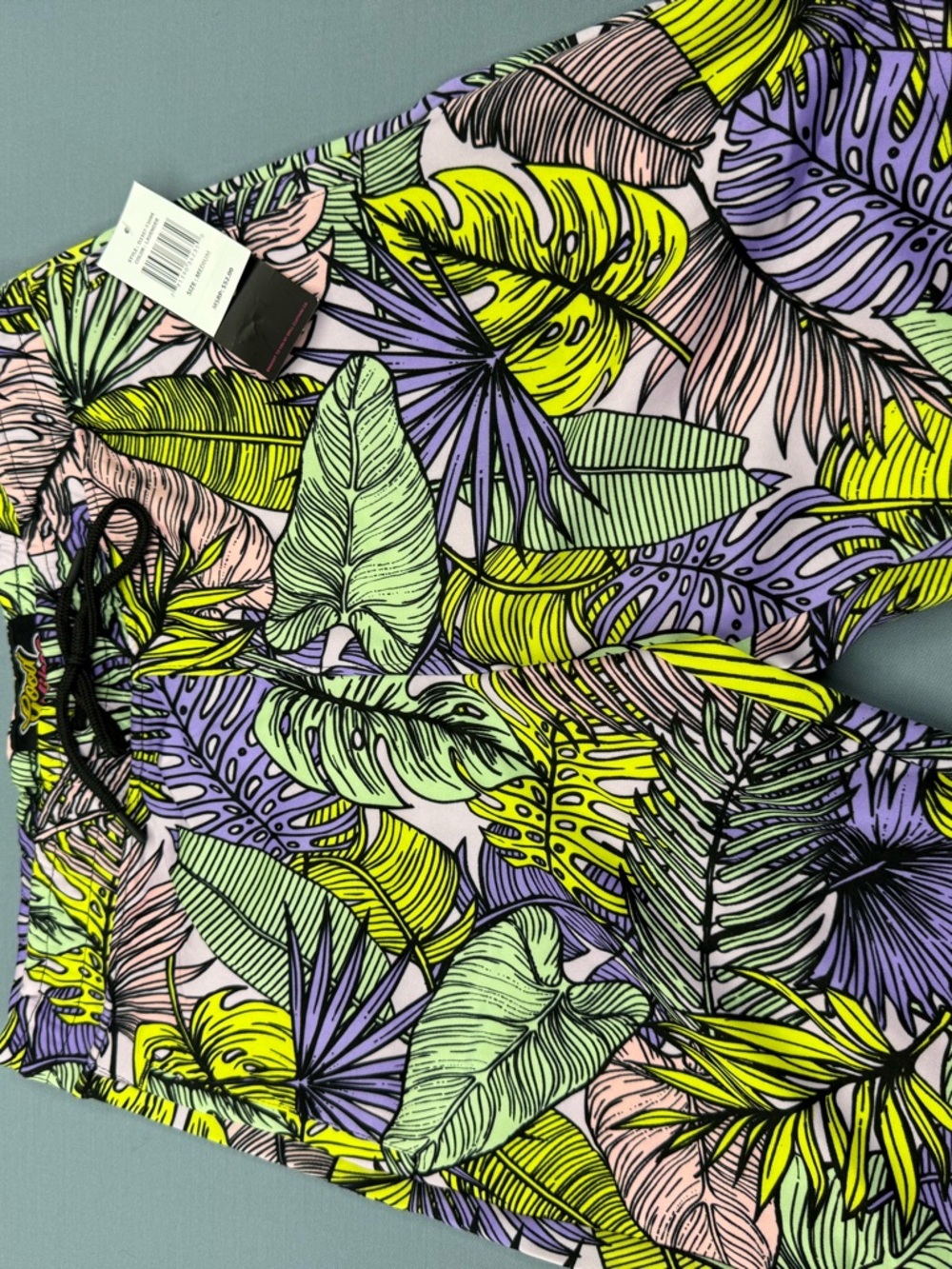 Good Vibes Tropical Leaf Print Board Shorts in Lime, Lavender & Mint